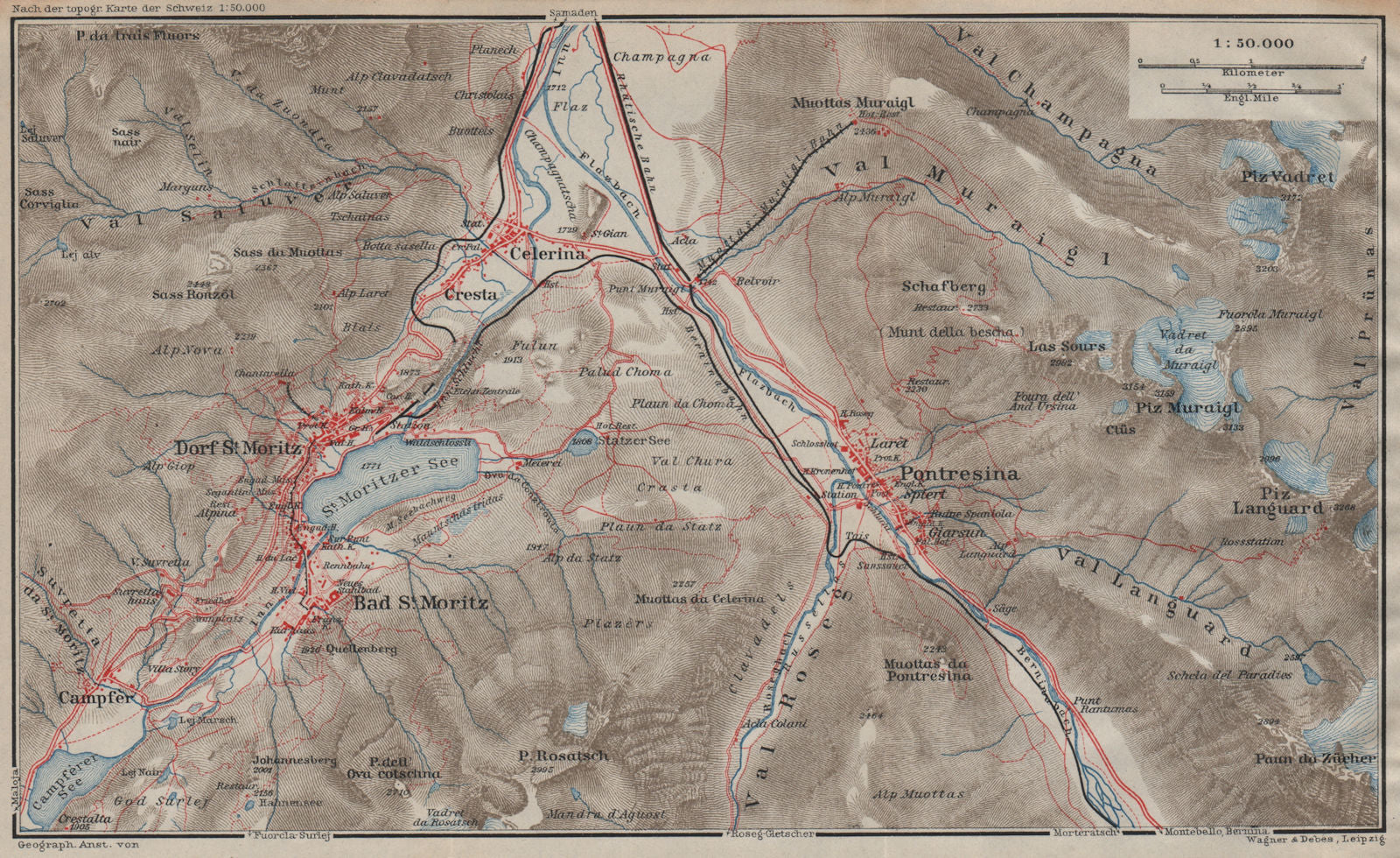 ST MORITZ & PONTRESINA. Celerina Cresta Piz Vadret/Muraigl/Languard 1922 map